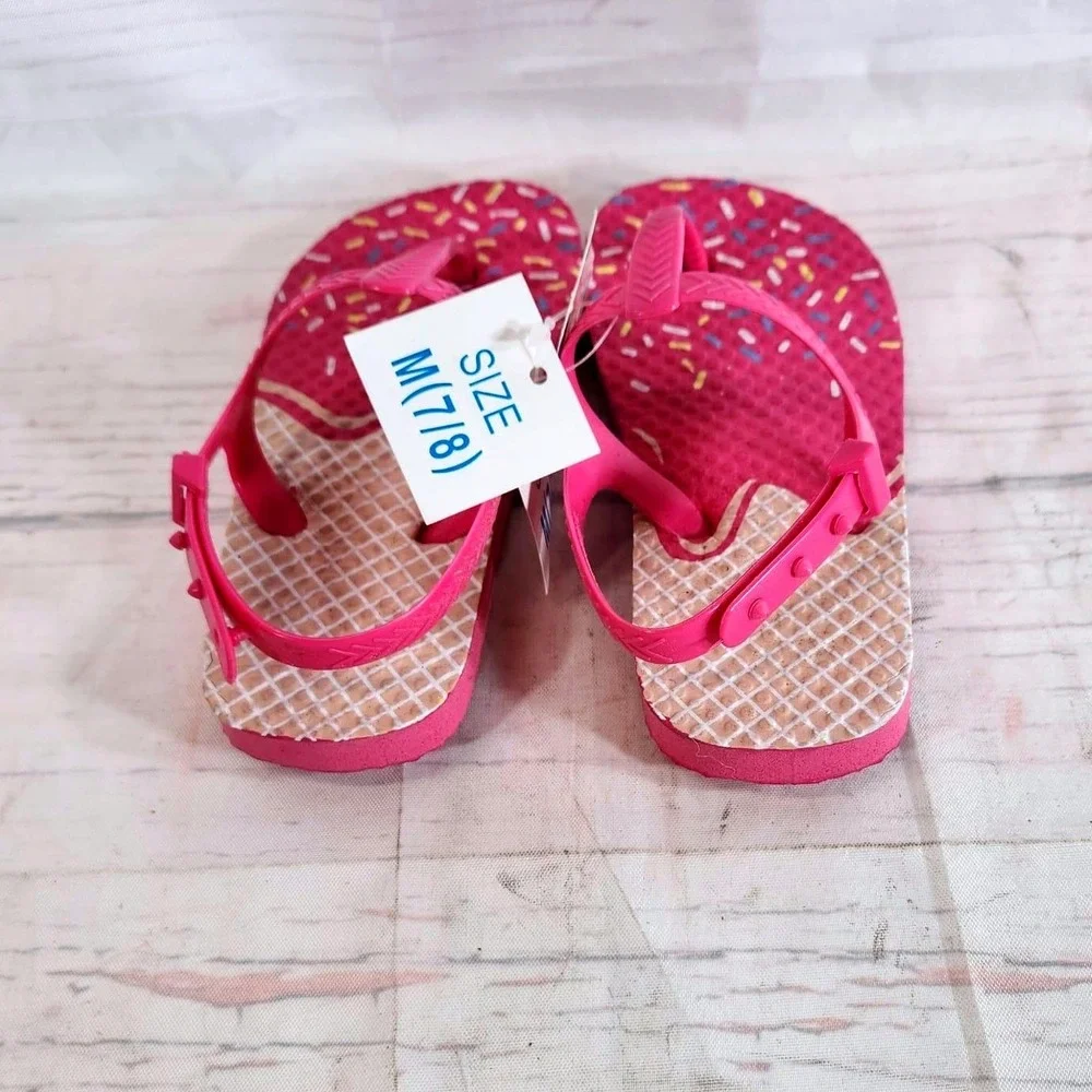 Girls Flip Flop Sandals Pink Ice Cream Sprinkles Kids Size Medium 7/8‎